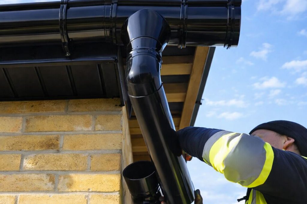 roofer repairing garage roof guttering black upvc